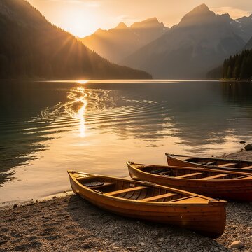 Beautiful sunset over a mountain lake with canoes on the shore.