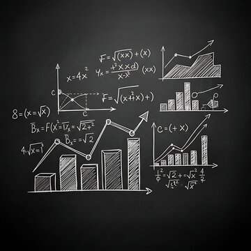 White Chalk Business Charts and Math Formulas Drawn on Dark Blackboard