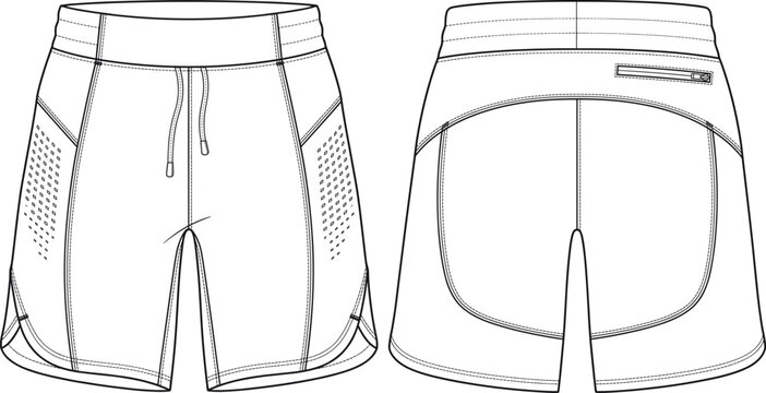Technical running shorts fashion flat sketch laser cut panels activewear top design template front back view vector illustration
