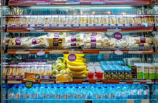 Pre-packaged food products in a commercial refrigerator