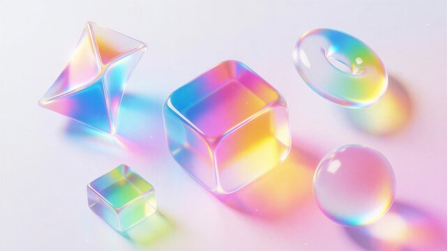 Transparent geometric glass objects reflect vibrant rainbow hues
