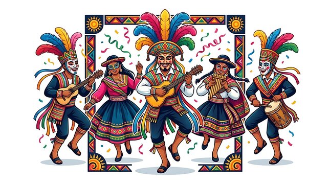 People in traditional festive clothing dancing with instruments
