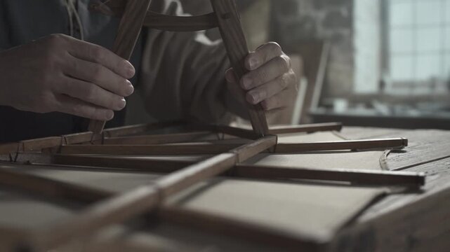 Close up of medieval craftsman hands opening a wooden compass and pressing a locking wedge while measuring a flying machine wing frame inside a workshop