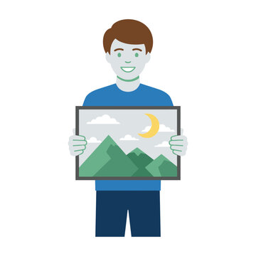 man holding picture of mountains with moon and clouds landscape