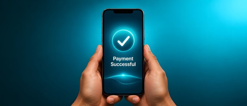 Mobile payment, hand and smartphone with online banking for secure financial transaction and digital wallet. Money transfer, app and electronic commerce for consumer purchase and shopping pay success