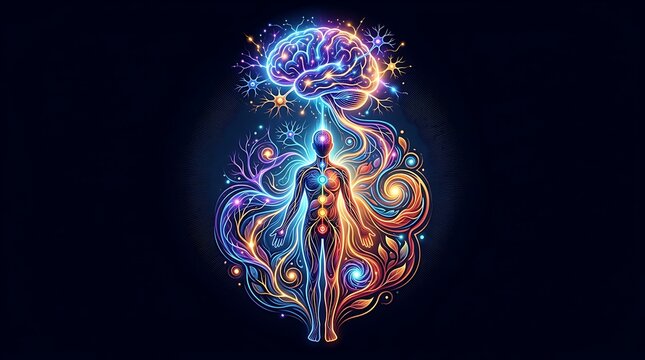 Ethereal human silhouette connected to a glowing neural brain