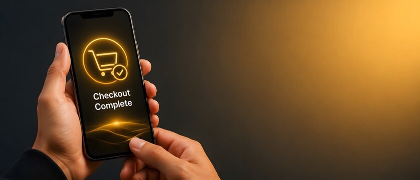 E-commerce, mobile shopping and hands with smartphone for checkout complete, payment and online retail. Purchase, digital store and customer with technology, electronic banking and order confirmation