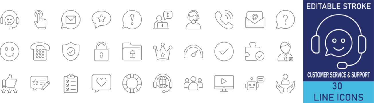 Customer service and tech support helpdesk communication line icon set. Vector symbols for online client assistance, live chat operator call center, problem solving ticket, and user feedback.
