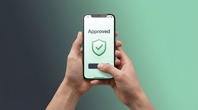 Cybersecurity, mobile and approval on smartphone for security, verification and online banking. Hands, app and screen with safety icon, protection and transaction for trust, privacy and tech.