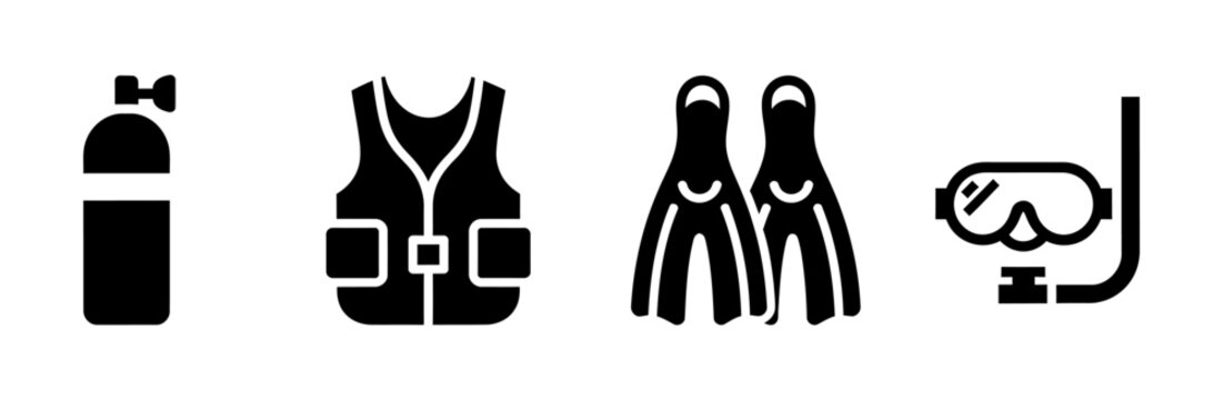 Collection of scuba diving equipment icons, including an air tank, buoyancy control device, fins, and a mask and snorkel for underwater exploration