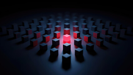 Glowing red cube standing out among uniform dark blue geometric shapes in abstract grid pattern with central cube illuminated