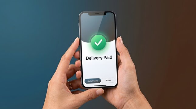 Delivery paid smartphone, hands and mobile app for online shopping, payment confirmation and e-commerce service. Customer, transaction and cell phone with success, order and retail store task now.