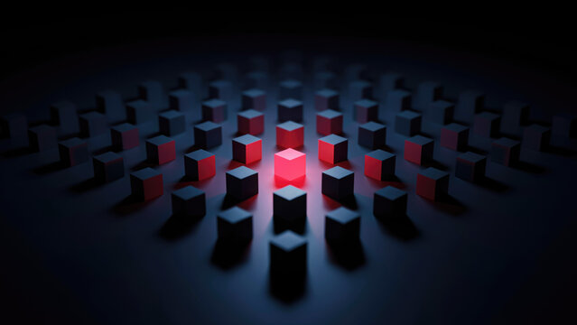 Glowing red cube standing out among uniform dark blue geometric shapes in abstract grid pattern with central cube illuminated