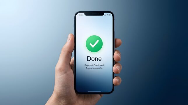 Online payment, smartphone and hand with transaction success for banking, mobile app and transfer. Digital finance, money and checkmark on screen for purchase, secure e-commerce and credit card pay.