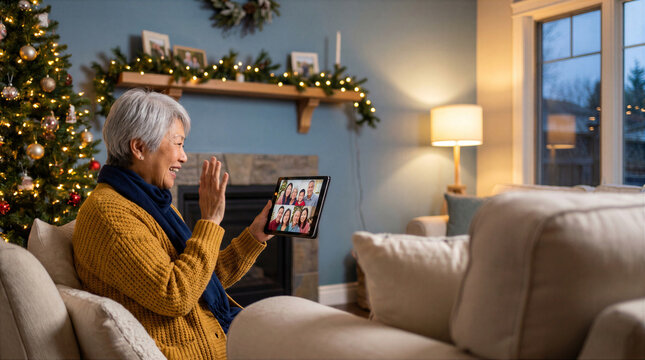 Asian senior woman waving during Christmas family video call in cozy holiday living room