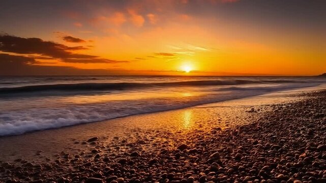 Golden sunset light dances on wet pebbles rhythmic waves rolling across peaceful shoreline