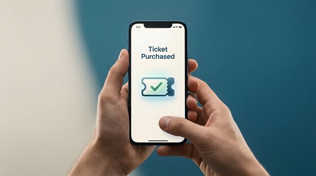 Mobile booking app, person and smartphone with ticket purchased for event, travel and cinema. Hands, digital and confirmation with checkmark, success and payment for leisure, service and show
