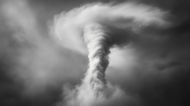 Dramatic monochrome image of a swirling vortex cloud formation in the sky.