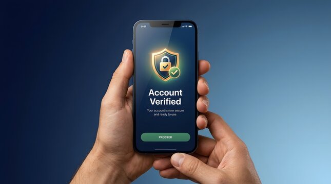 Mobile security, account verified and hands holding smartphone for cybersecurity, data protection and private login. Authentication, digital safety and identity verification for banking app access.