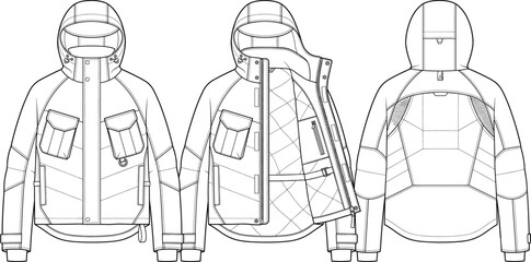 Technical winter hooded jacket fashion flat sketch quilted lining utility parka design template multi view vector illustration © Lakhi