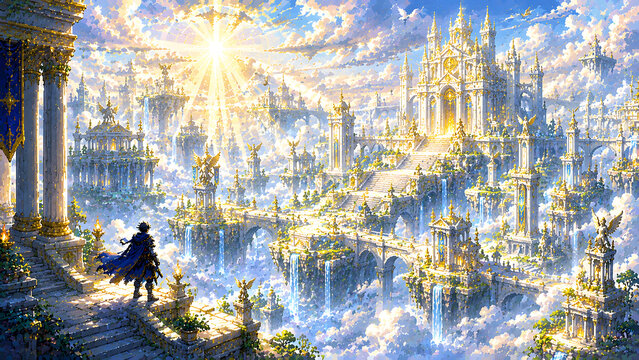 Majestic Heavenly City Above the Clouds with Golden Temples and Sunlight