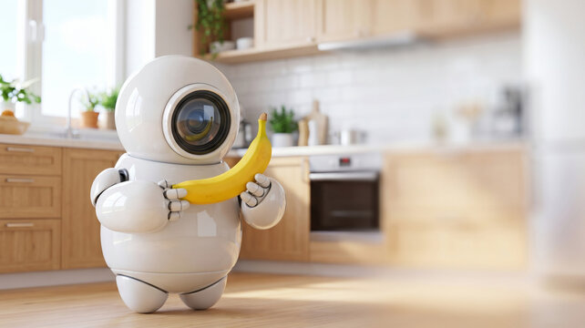 Smart kitchen robot holding yellow banana in modern residential kitchen for household automation concept