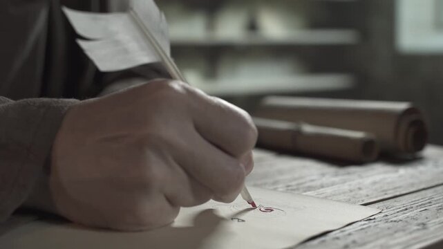 Monastic scribe painting a large capital character with a white quill and red ink on parchment next to scrolls on a rough wooden table inside a scriptorium