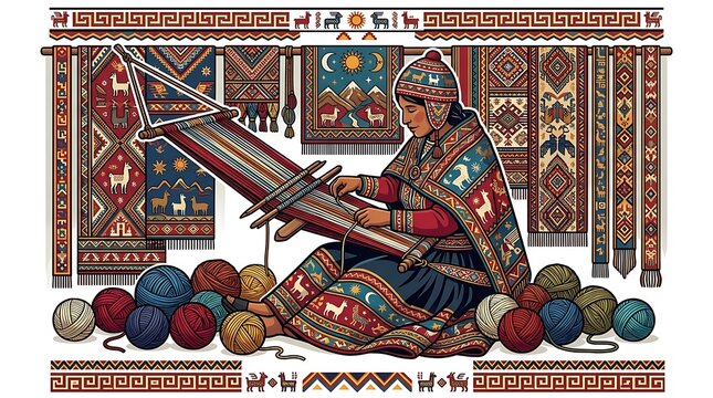 Woman weaving traditional andean textiles on a backstrap loom