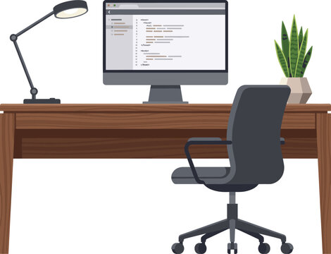 Professional Developer Workspace with Computer Coding Screen on Wooden Desk and Office Chair Vector Illustration