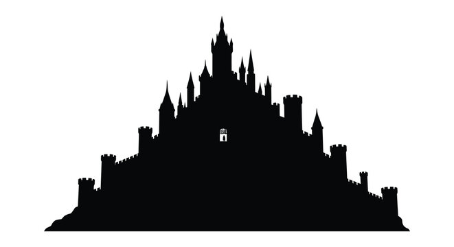 Medieval castle on rocky hill black and white silhouette fortress