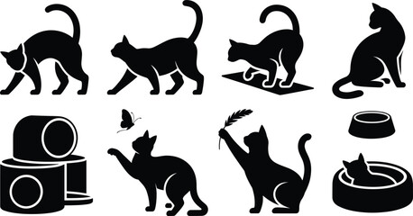 Naklejka premium Cat Silhouette Illustration Set Featuring Playful, Curious, and Relaxed Feline Poses with Accessories and Toys
