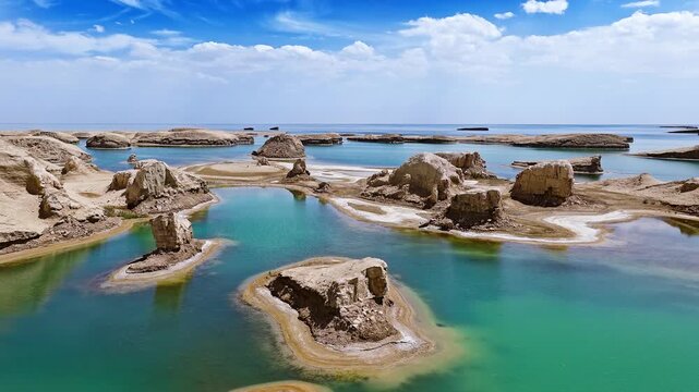 Aerial drone shot of water yardang landforms surrounded by turquoise water in the Qaidam Basin, Qinghai, China