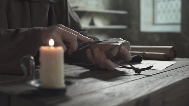 Close up of medieval monk hands holding a whetstone with a leather cord and sharpening a penknife blade on the wet stone surface next to a burning candle on a wooden table, inside a scriptorium