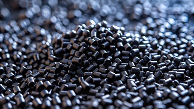 Close up of black plastic granulate on dark background highlighting polymer resin materials for injection molding processes