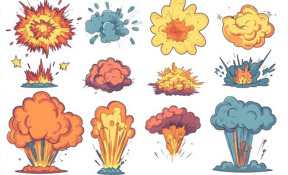 Cartoon Explosion Effects Colorful Smoke And Fire Burst Illustrations