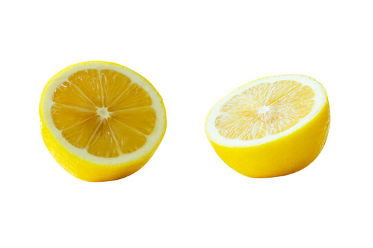 Front view set of ripe yellow lemon fruit in two halves isolated on white background with clipping path