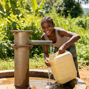 Happy Young African Girl Smiling While Collecting Fresh Water From a Rural Hand Pump Into a Yellow Jerrycan in a Sunny, Green Environment