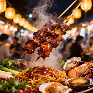 Succulent Barbecue Meat Skewers Dripping Savory Sauce Onto Steaming Noodles, Surrounded by Fresh Seafood and Vegetables at a Bustling Night Market