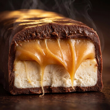 Close-up of a Decadent Chocolate Candy Bar Revealing Luscious Gooey Caramel and Soft White Filling with Subtle Steam