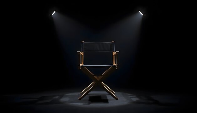 A wooden black canvas directors chair stands centered under dramatic bright overhead spotlights against a completely dark empty background