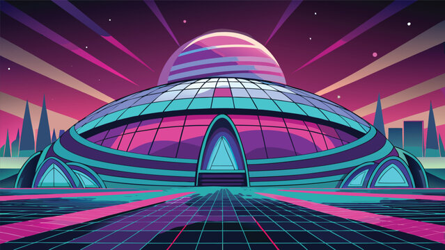 Retro futuristic stadium dome with neon lights and city skyline backdrop futuristic building architecture cityscape synthwave vaporwave illustration entertainment performance competition