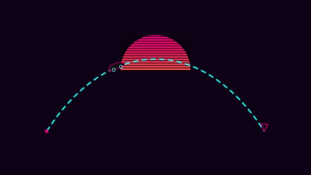 Neon car moving along a curved dashed path over a retro striped sun on a dark minimalist background loop.