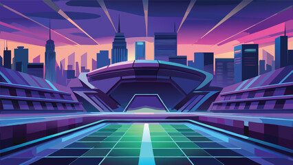 View of a futuristic stadium arena with city skyline and neon grid floor futuristic building architecture synthwave vaporwave illustration entertainment performance competition spectacle © icon sos