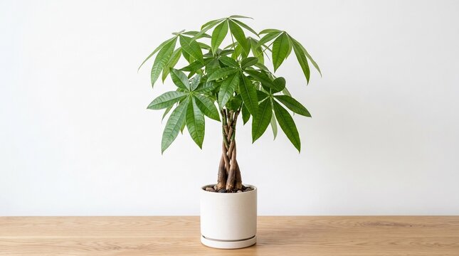 Braided trunk Pachira aquatica money tree houseplant in a white pot on a wooden table