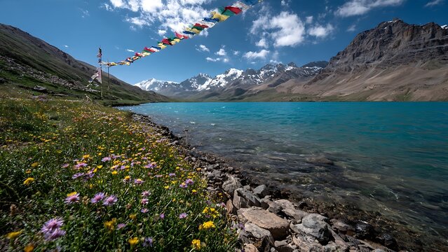 Beautiful Suraj Tal Lake landscape with prayer flags and wildflowers in Himachal Pradesh India.