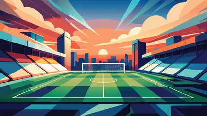 Empty soccer stadium arena at golden sunset with football bleachers competition athletic exercise training architecture gradient artistic illustration panoramic abstract perspective © icon sos