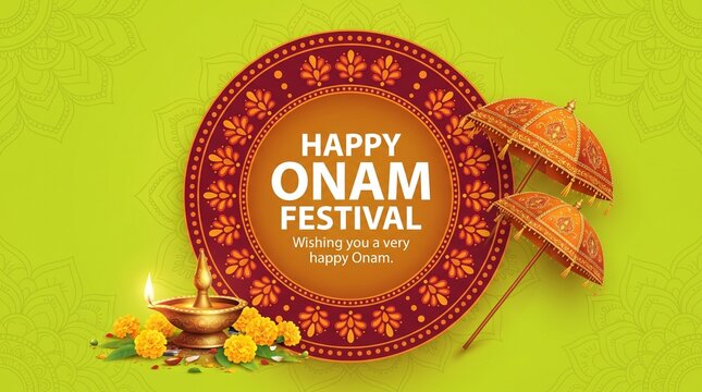 Onam festival background for South India Kerala traditional celebration. Onam Kathakali dancer with umbrella. Vector illustration.