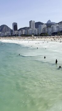 Aerial View of Leme and Copacabana Beach with Turquoise Atlantic Waters in Rio de Janeiro, Brazil.
