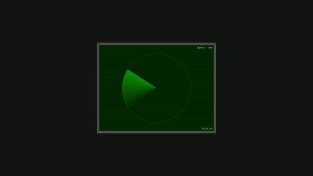 Green Digital Radar Screen Interface with Rotating Sweep Line and Security Camera Metadata Display for Surveillance