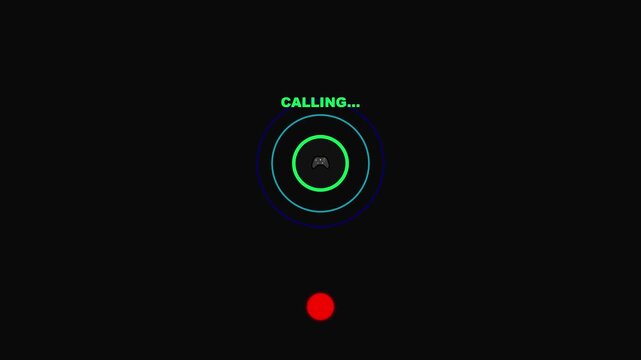 Game Controller Icon with Calling Text and Colorful Pulsing Signal Waves for Online Gaming and Esports Interface